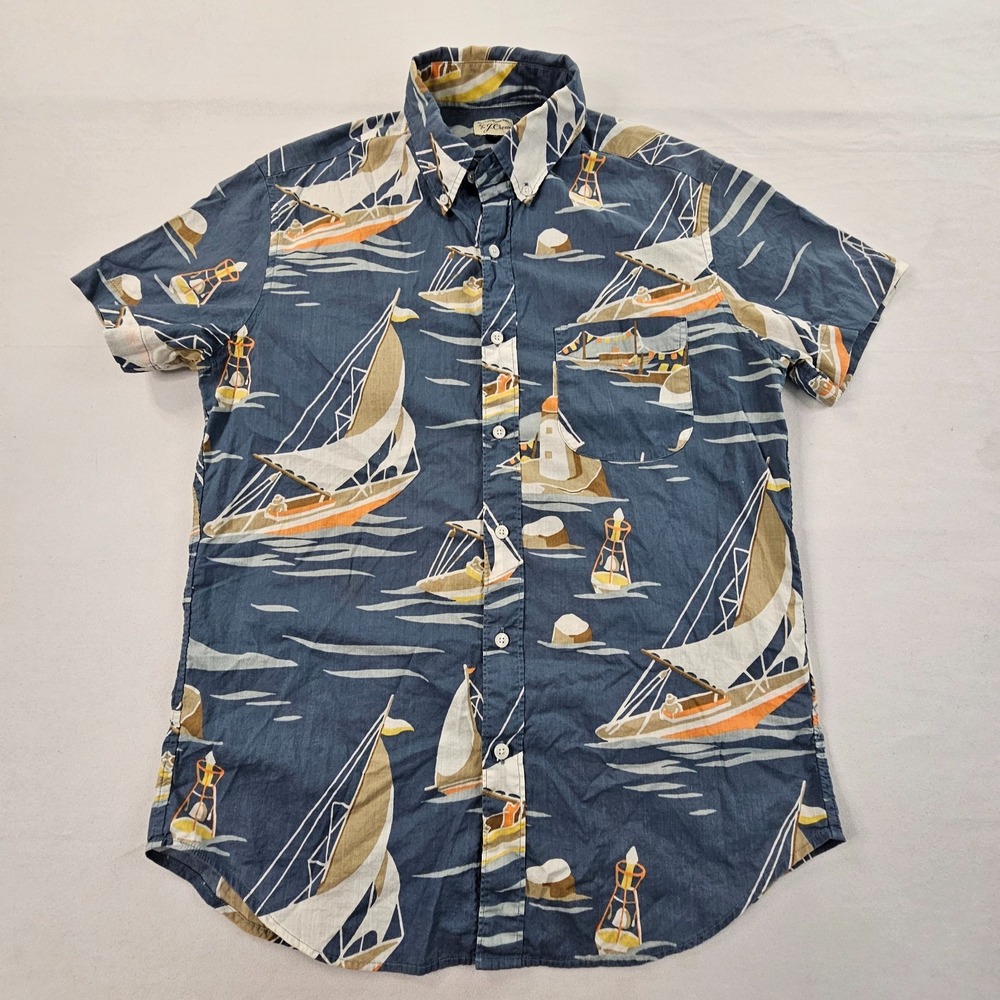 J.CREW Blue Boat Print Short Sleeve Button-Up Cotton Shirt Men's S